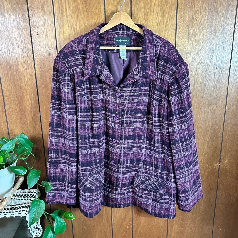 Vintage Sag Harbor Woman Purple Plaid Boucle Blazer Jacket Vintage Style Plus